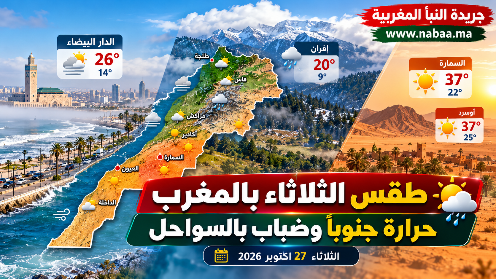 طقس الثلاثاء بالمغرب.. حرارة تصل إلى 37 درجة جنوباً وضباب بالسواحل وأمطار خفيفة محتملة بالمرتفعات